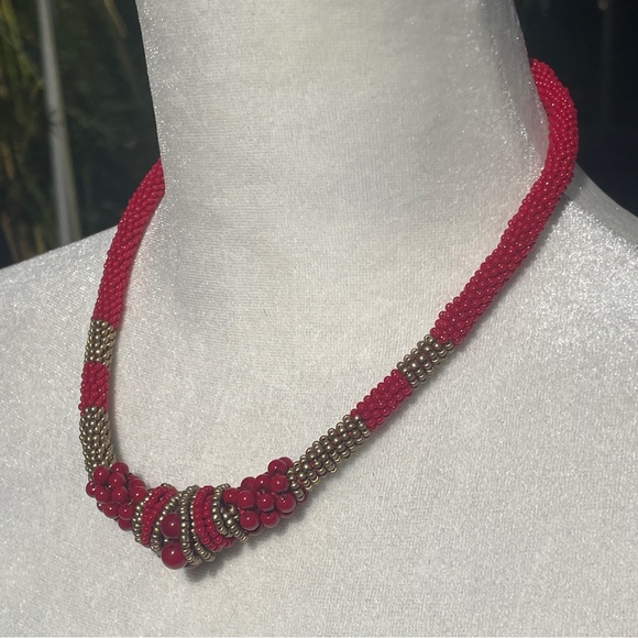 Kumihimo Japanese Beaded Choker Necklace Coral Red Gold Knot Handmade - Picture 3 of 10